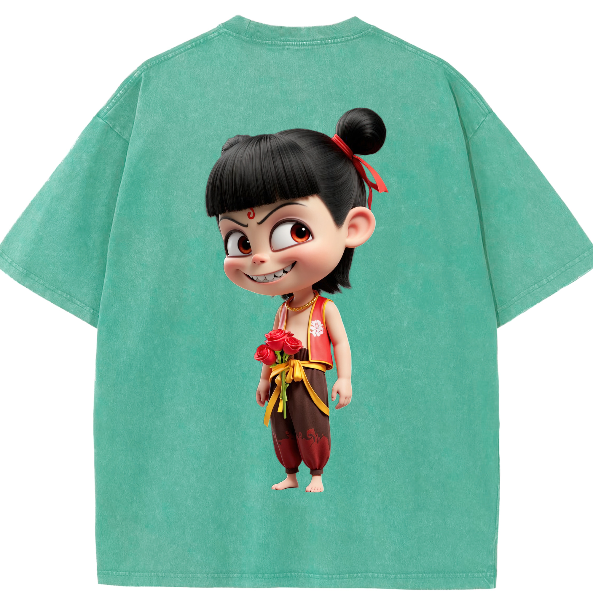 （画像用） Ne Zha 2 ナタ 魔童の大暴れ 綿100% ヴィンテージ風 半袖Tシャツ（背面プリント）